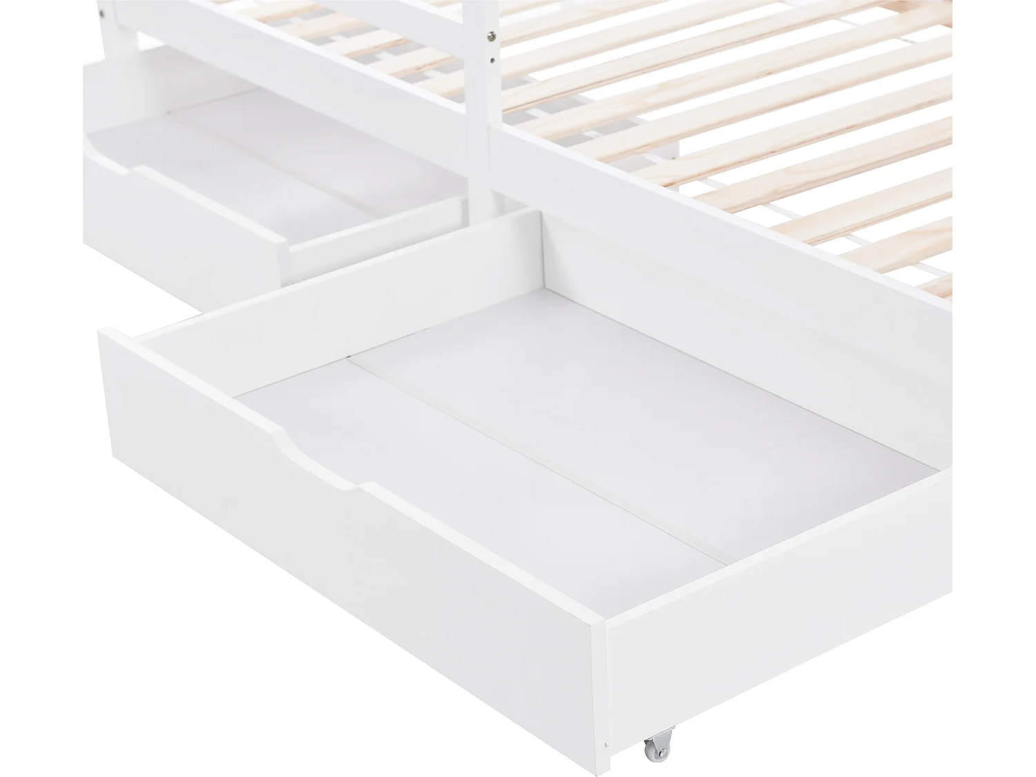 Lit cabane 90x200cm en bois massif - avec étagères et 2 tiroirs - Blanc