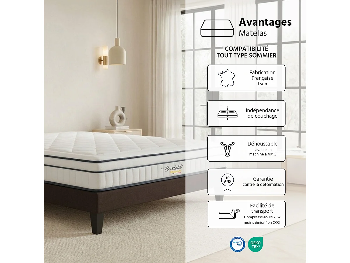 Matelas Bartoldi - Ressorts ensachés + mousse supersoft - 22 cm - 160x200 cm