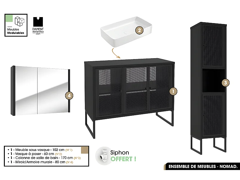 Ensemble complet de salle de bain - Meuble - Colonne - Miroir - Vasque avec Siphon OFFERT | NOMAD | NOIR | 102 x 80 x 43 cm