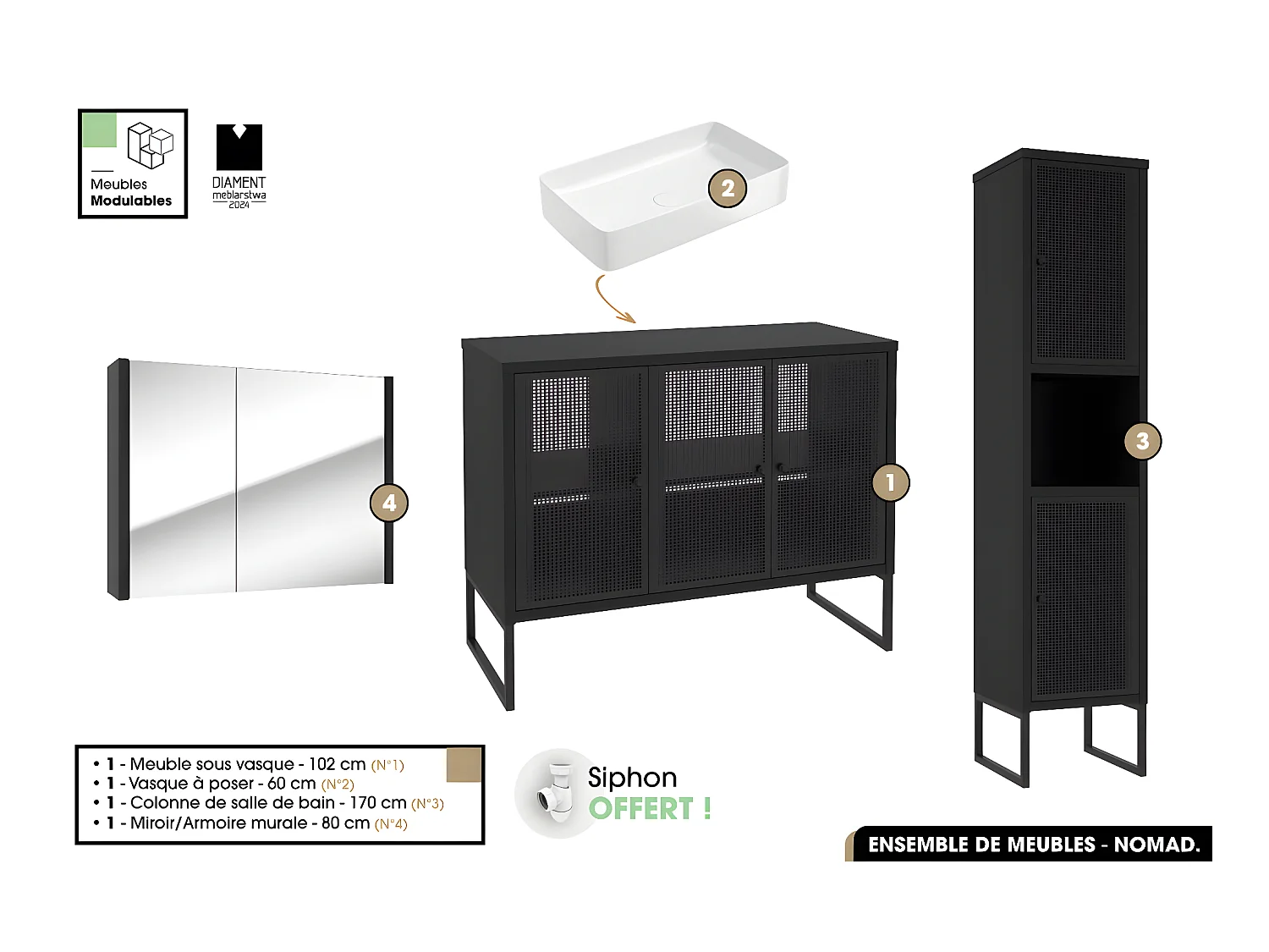 Ensemble complet de salle de bain - Meuble - Colonne - Miroir - Vasque avec Siphon OFFERT | NOMAD | NOIR | 102 x 80 x 43 cm
