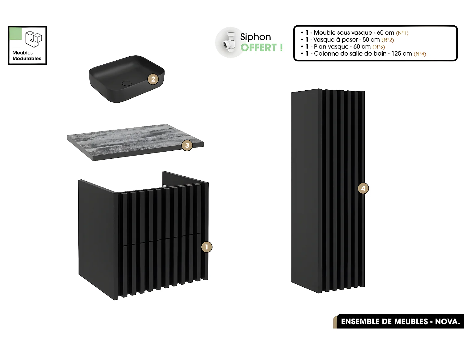 Ensemble complet de salle de bain - Meuble - Colonne - Vasque à poser avec Siphon OFFERT | NOVA | Noir | 60 x 56 x 45 cm