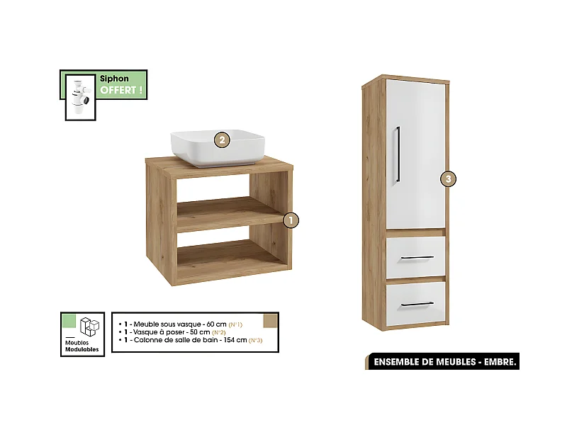 Ensemble complet - de salle de bain - Meuble - Colonne - Vasque avec Siphon OFFERT | EMBRE | OAK | 60 x 50 x 45 cm