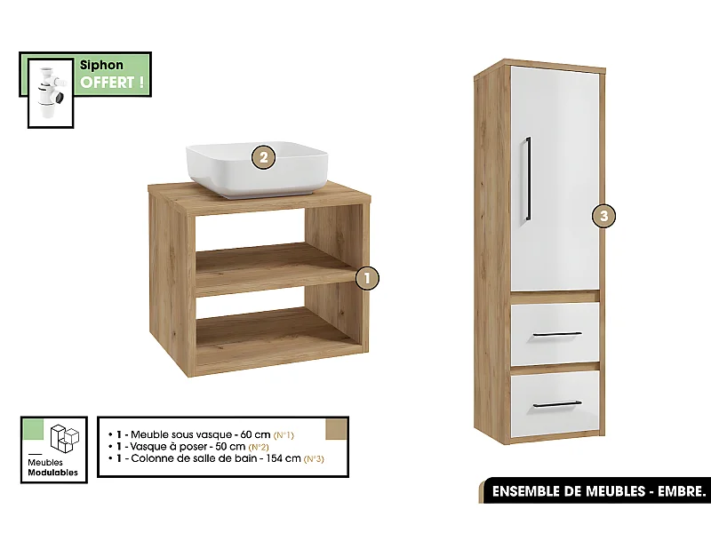 Ensemble complet - de salle de bain - Meuble - Colonne - Vasque avec Siphon OFFERT | EMBRE | OAK | 60 x 50 x 45 cm