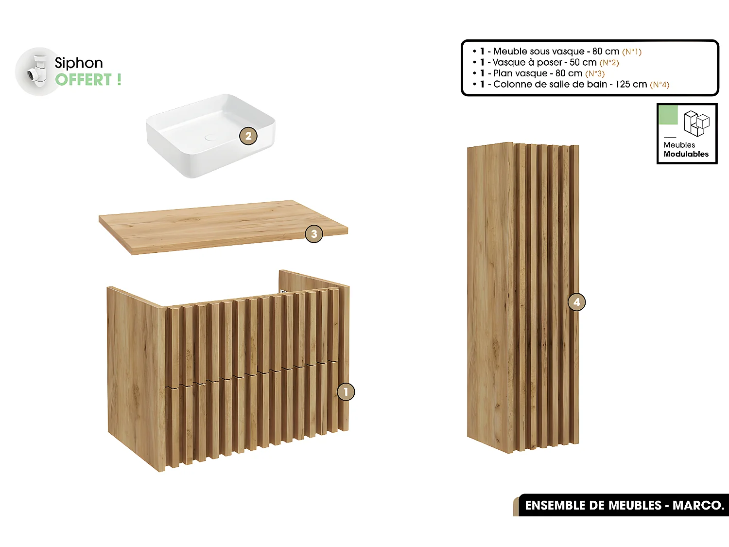 Ensemble complet de salle de bain - Meuble - Colonne - Vasque à poser avec Siphon OFFERT | MARCO | Oak | 80 x 56 x 45 cm