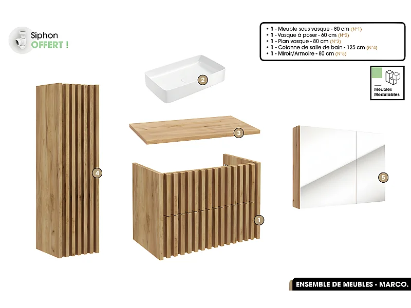 Ensemble complet de salle de bain - Meuble - Colonne - Miroir - Vasque à poser avec Siphon OFFERT | MARCO | Oak | 80 x 56 x 45 cm