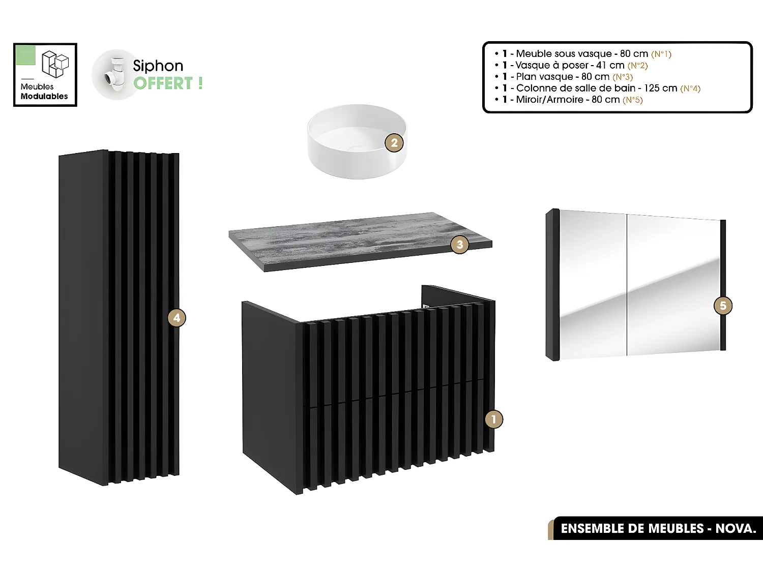Ensemble complet de salle de bain - Meuble - Colonne - Miroir - Vasque à poser avec Siphon OFFERT | NOVA | Noir | 80 x 56 x 45 cm