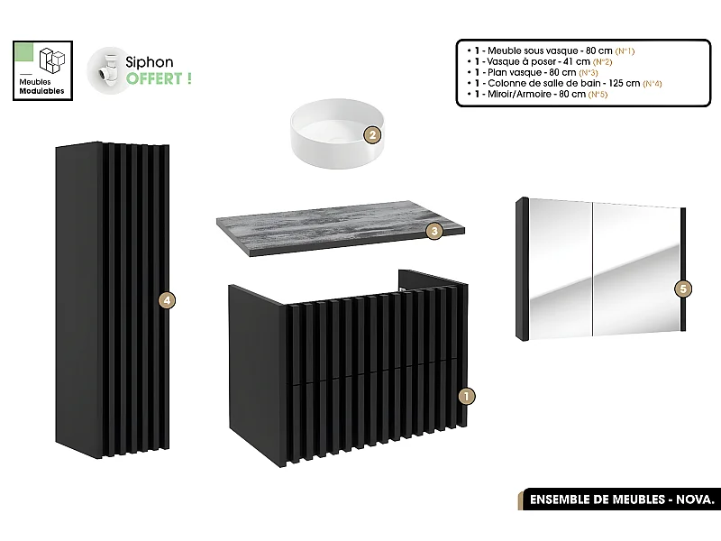 Ensemble complet de salle de bain - Meuble - Colonne - Miroir - Vasque à poser avec Siphon OFFERT | NOVA | Noir | 80 x 56 x 45 cm
