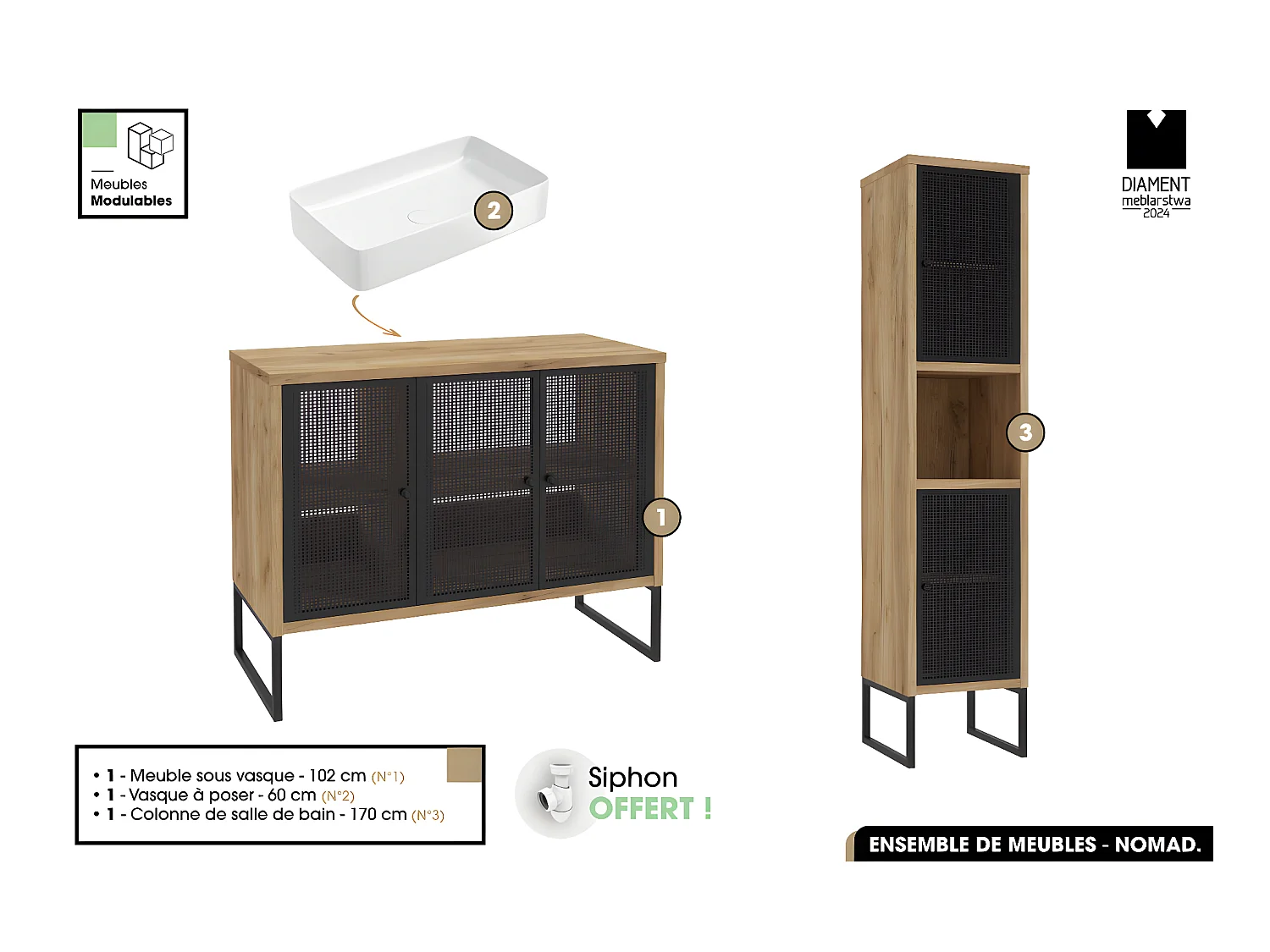 Ensemble complet de salle de bain - Meuble - Colonne - Vasque avec Siphon OFFERT | NOMAD | OAK | 102 x 80 x 43 cm