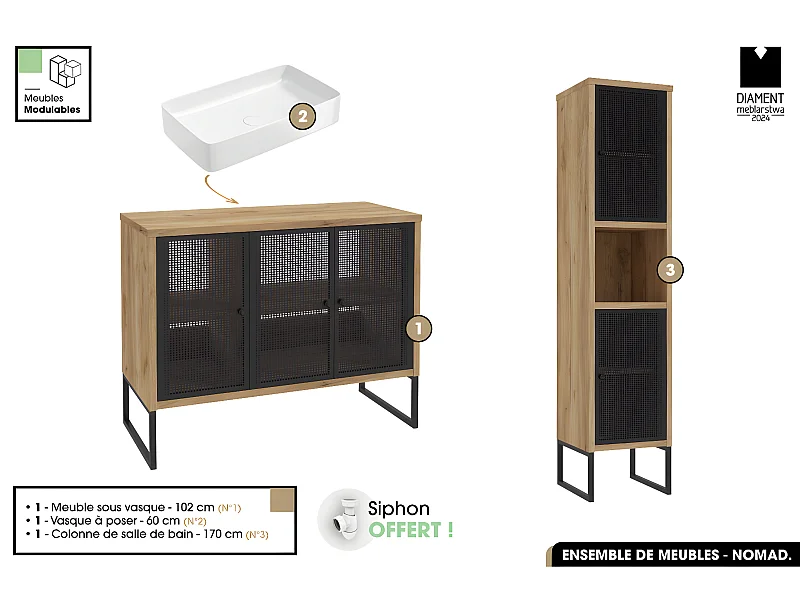 Ensemble complet de salle de bain - Meuble - Colonne - Vasque avec Siphon OFFERT | NOMAD | OAK | 102 x 80 x 43 cm