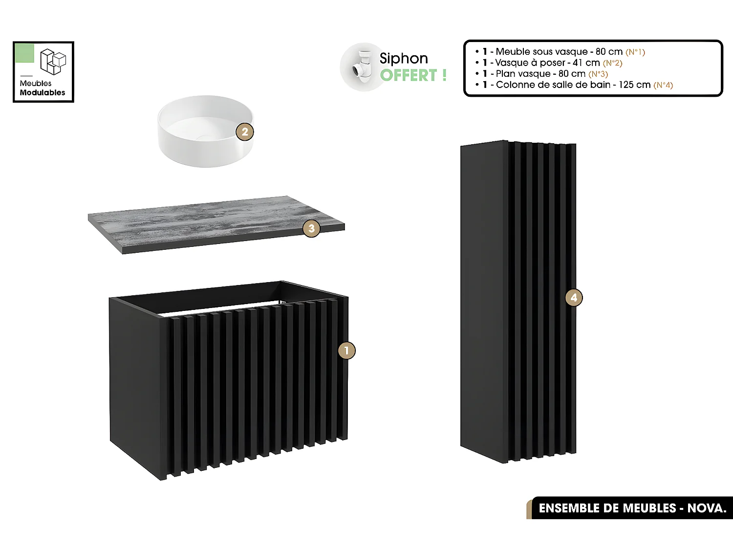 Ensemble complet de salle de bain - Meuble - Colonne - Vasque à poser avec Siphon OFFERT | NOVA | Noir | 80 x 56 x 45 cm