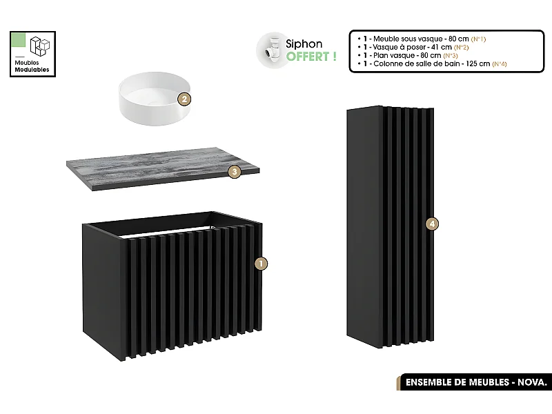 Ensemble complet de salle de bain - Meuble - Colonne - Vasque à poser avec Siphon OFFERT | NOVA | Noir | 80 x 56 x 45 cm