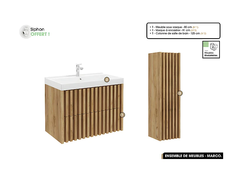 Ensemble complet de salle de bain - Meuble - Colonne - Vasque à encastrer avec Siphon OFFERT | MARCO | Oak | 80 x 56 x 45 cm