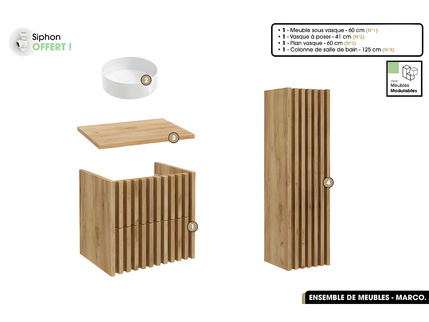 Ensemble complet de salle de bain - Meuble - Colonne - Vasque à poser avec Siphon OFFERT | MARCO | Oak | 60 x 56 x 45 cm