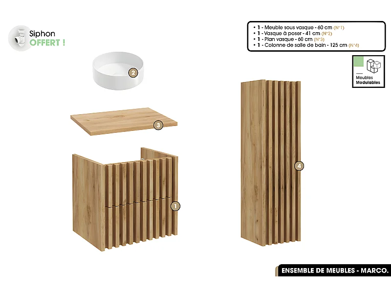Ensemble complet de salle de bain - Meuble - Colonne - Vasque à poser avec Siphon OFFERT | MARCO | Oak | 60 x 56 x 45 cm