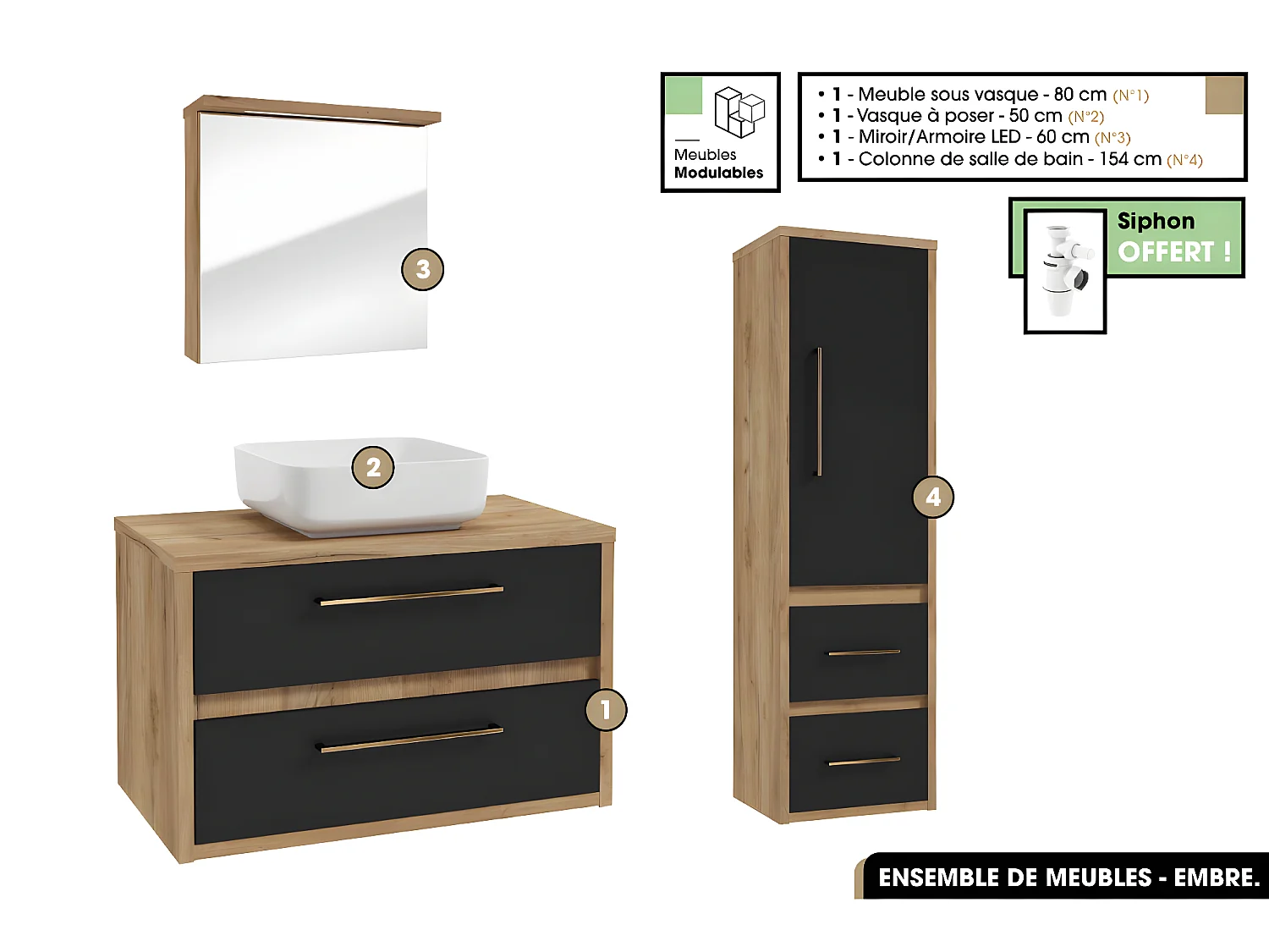Ensemble complet - de salle de bain - Meuble - Miroir/Armoire - Colonne - Vasque avec Siphon OFFERT | EMBRE | Noir | 80 x 50 x 45 cm