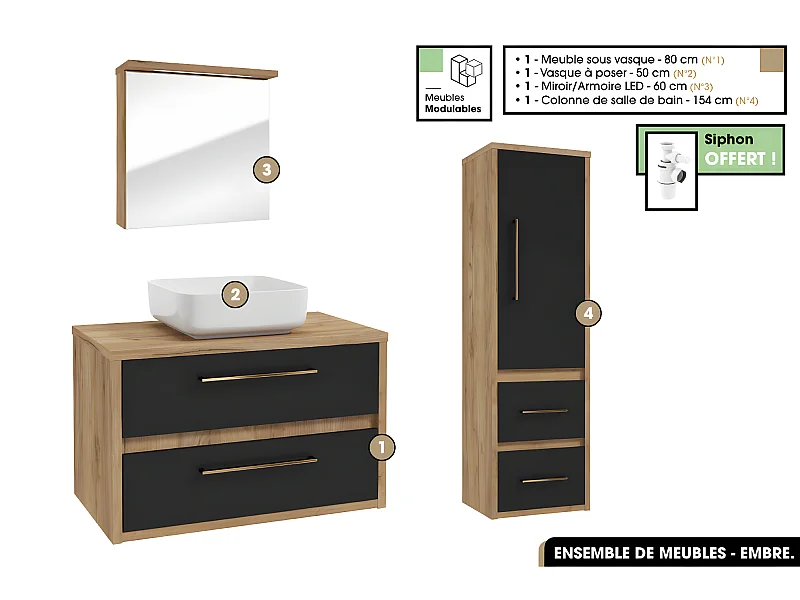 Ensemble complet - de salle de bain - Meuble - Miroir/Armoire - Colonne - Vasque avec Siphon OFFERT | EMBRE | Noir | 80 x 50 x 45 cm