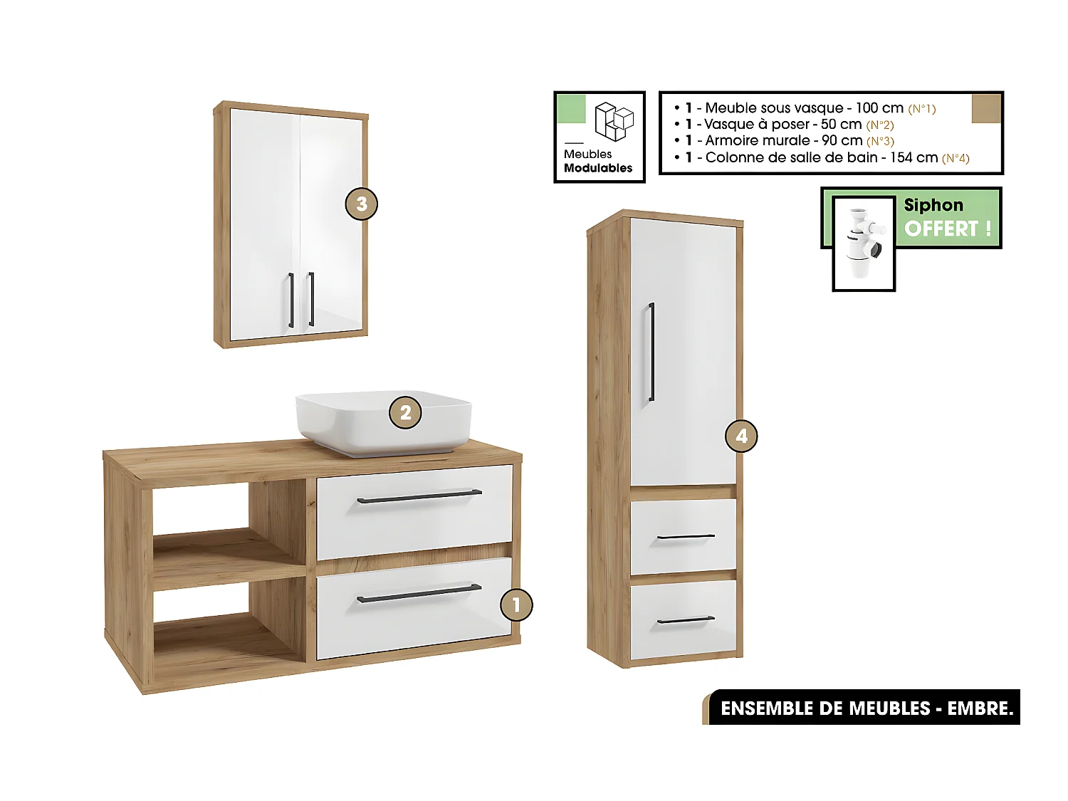Ensemble complet - de salle de bain - Meuble - Armoire - Colonne - Vasque avec Siphon OFFERT | EMBRE | Blanc | 100 x 50 x 45 cm