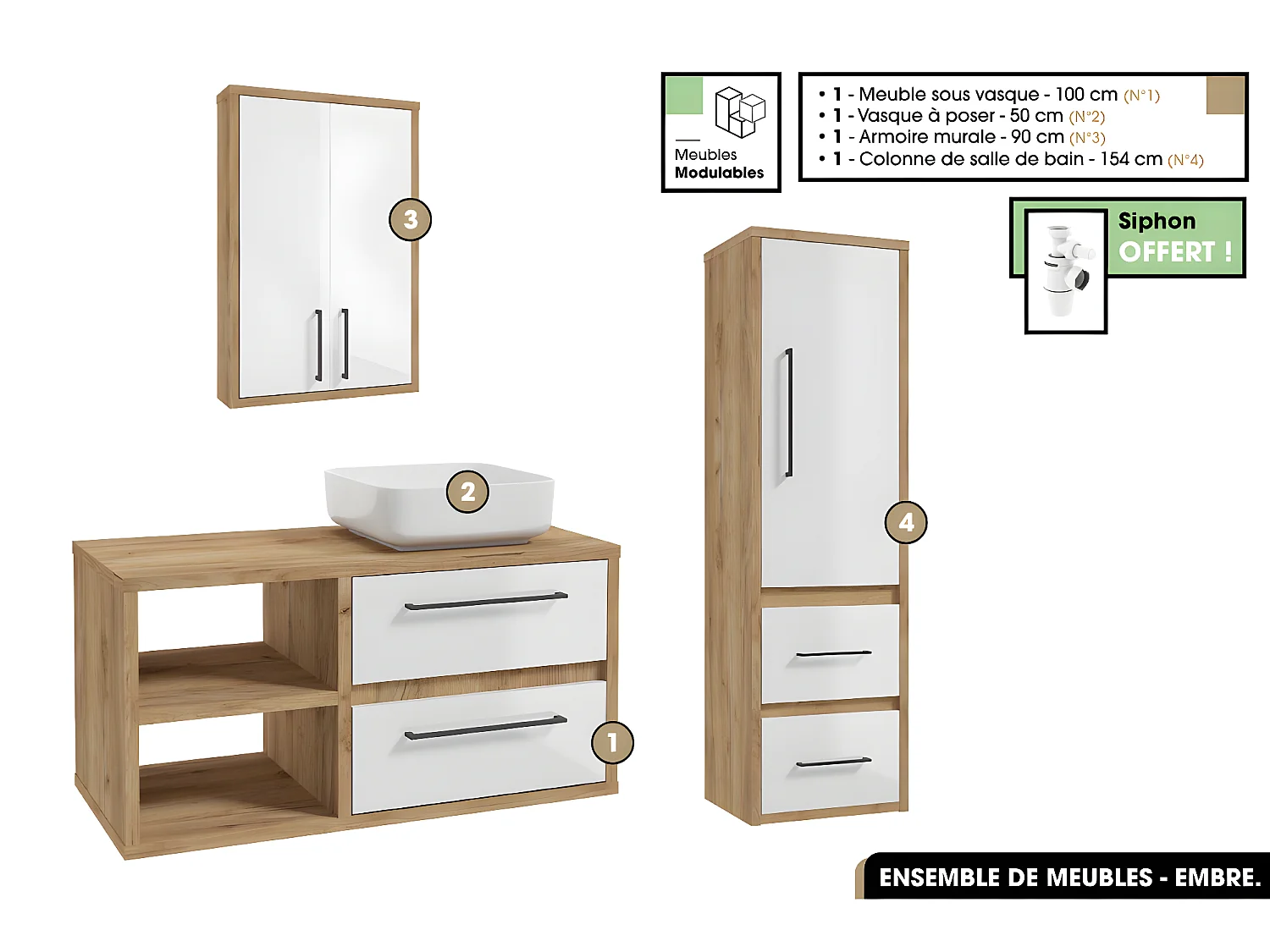 Ensemble complet - de salle de bain - Meuble - Armoire - Colonne - Vasque avec Siphon OFFERT | EMBRE | Blanc | 100 x 50 x 45 cm