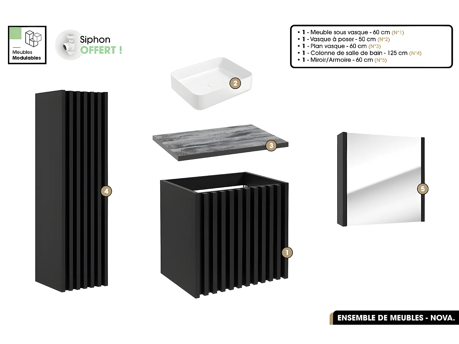 Ensemble complet de salle de bain - Meuble - Colonne - Miroir - Vasque à poser avec Siphon OFFERT | NOVA | Noir | 60 x 56 x 45 cm