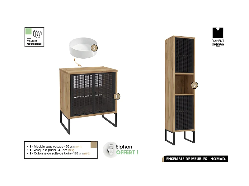 Ensemble complet de salle de bain - Meuble - Colonne - Vasque avec Siphon OFFERT | NOMAD | OAK | 70 x 80 x 43 cm