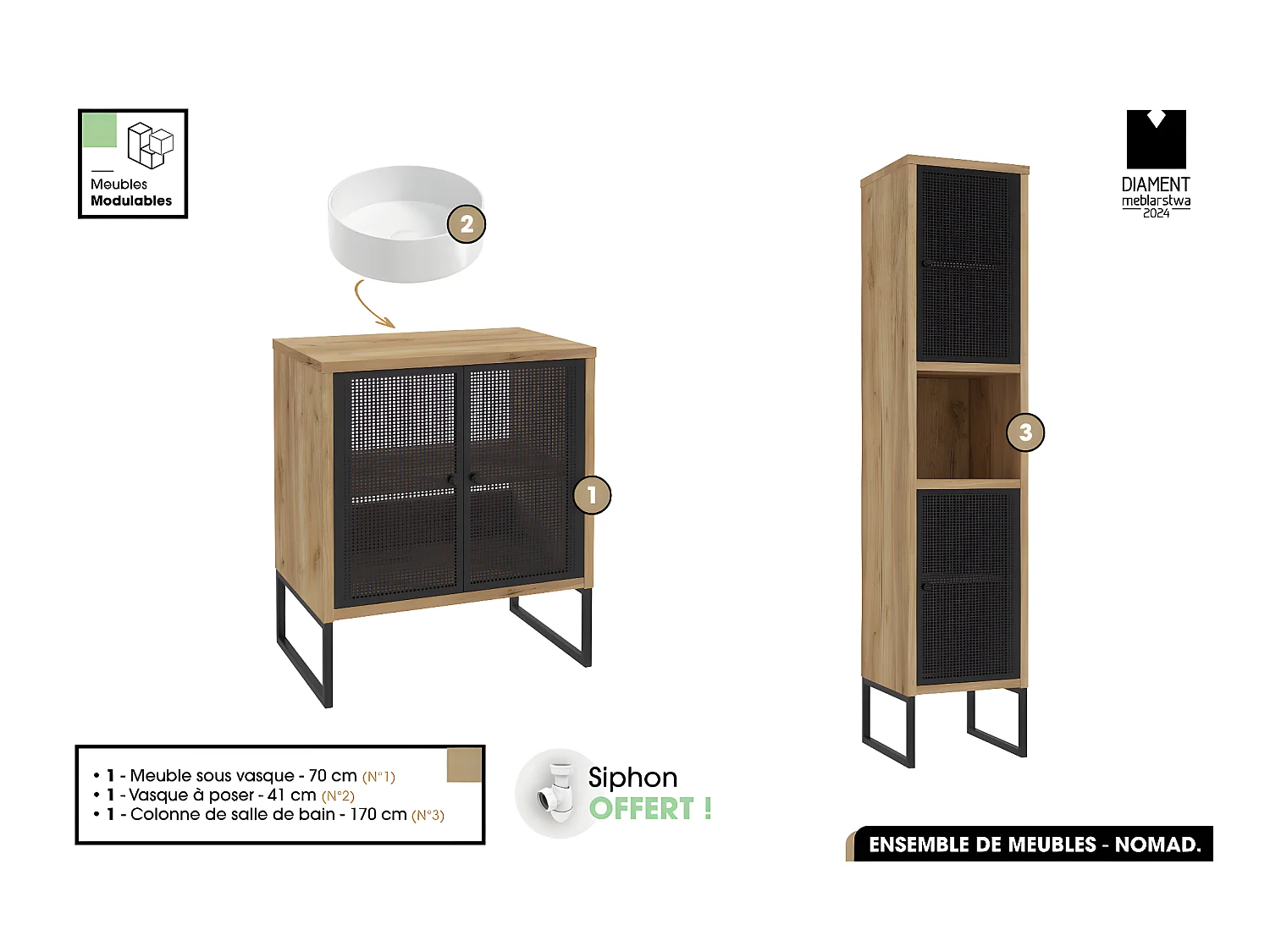 Ensemble complet de salle de bain - Meuble - Colonne - Vasque avec Siphon OFFERT | NOMAD | OAK | 70 x 80 x 43 cm