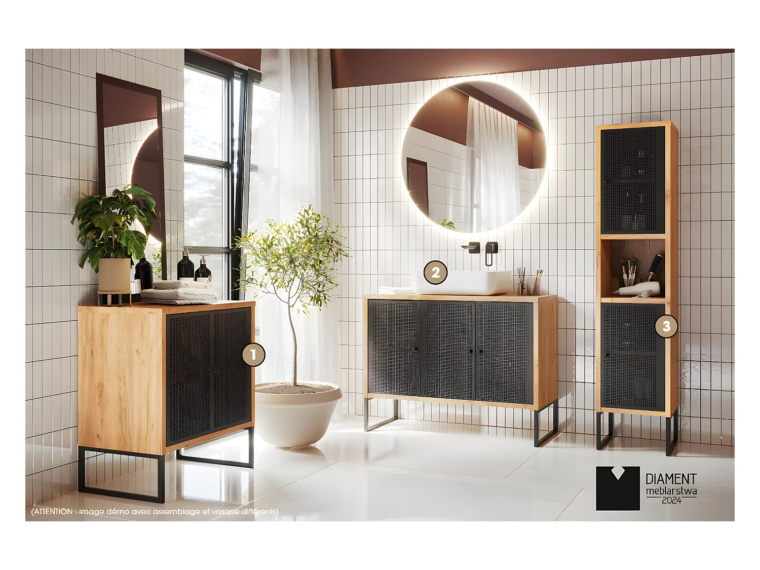 Ensemble complet de salle de bain - Meuble - Colonne - Vasque avec Siphon OFFERT | NOMAD | OAK | 70 x 80 x 43 cm