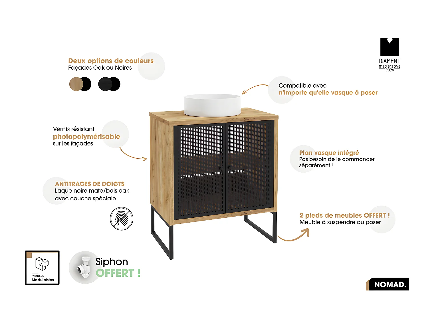 Ensemble complet de salle de bain - Meuble - Colonne - Vasque avec Siphon OFFERT | NOMAD | OAK | 70 x 80 x 43 cm