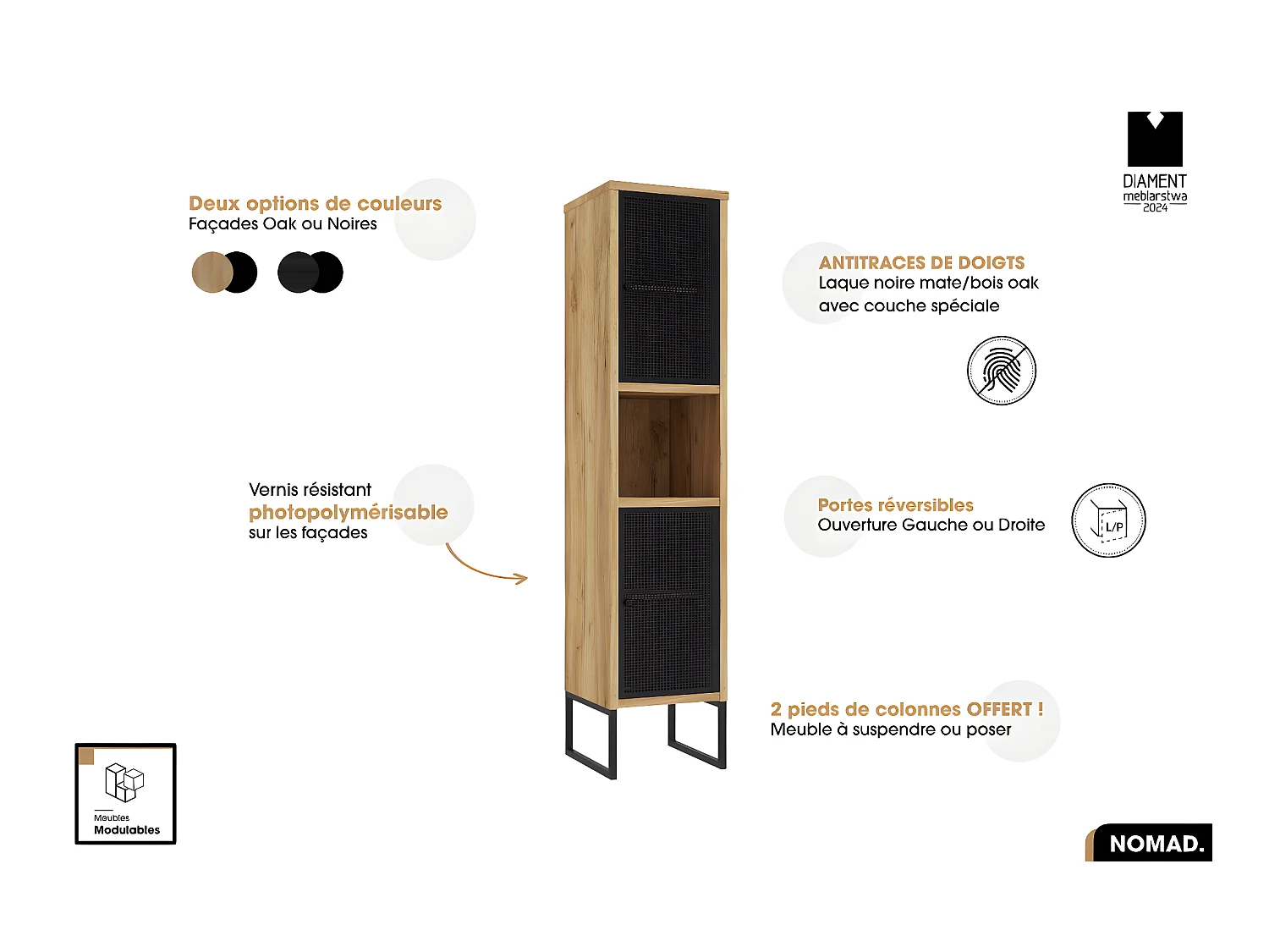 Ensemble complet de salle de bain - Meuble - Colonne - Vasque avec Siphon OFFERT | NOMAD | OAK | 70 x 80 x 43 cm
