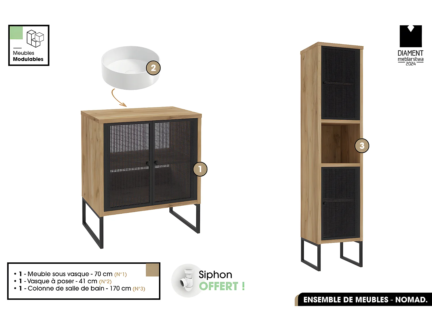 Ensemble complet de salle de bain - Meuble - Colonne - Vasque avec Siphon OFFERT | NOMAD | OAK | 70 x 80 x 43 cm