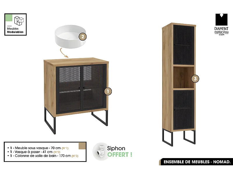 Ensemble complet de salle de bain - Meuble - Colonne - Vasque avec Siphon OFFERT | NOMAD | OAK | 70 x 80 x 43 cm