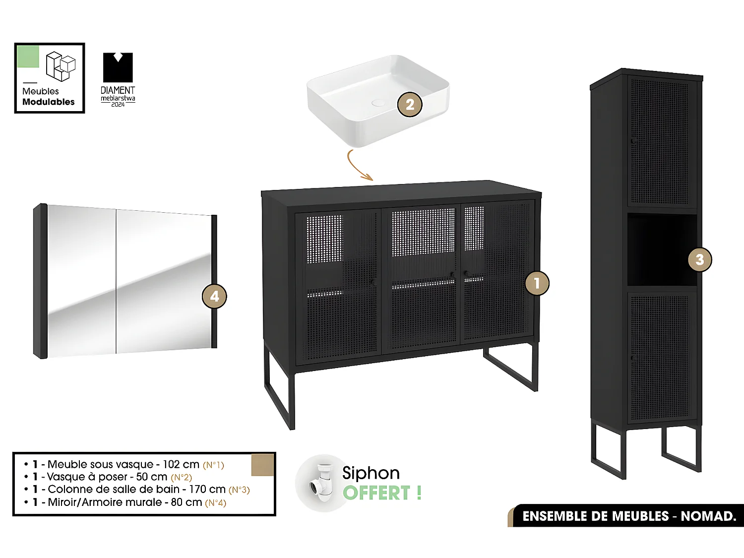 Ensemble complet de salle de bain - Meuble - Colonne - Miroir - Vasque avec Siphon OFFERT | NOMAD | NOIR | 102 x 80 x 43 cm