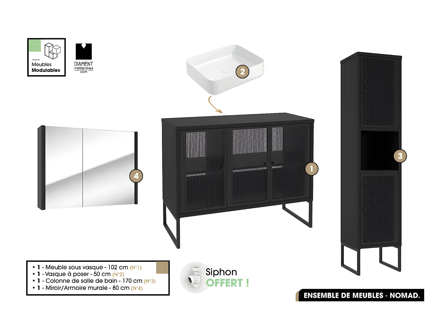 Ensemble complet de salle de bain - Meuble - Colonne - Miroir - Vasque avec Siphon OFFERT | NOMAD | NOIR | 102 x 80 x 43 cm