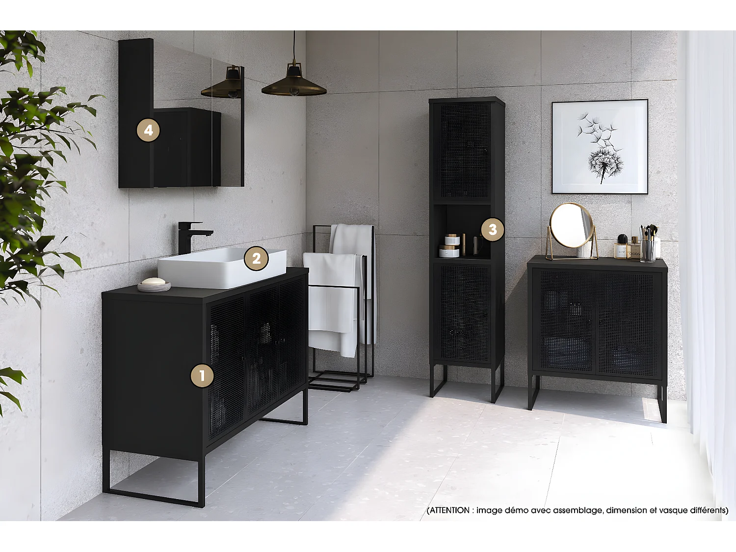 Ensemble complet de salle de bain - Meuble - Colonne - Miroir - Vasque avec Siphon OFFERT | NOMAD | NOIR | 102 x 80 x 43 cm