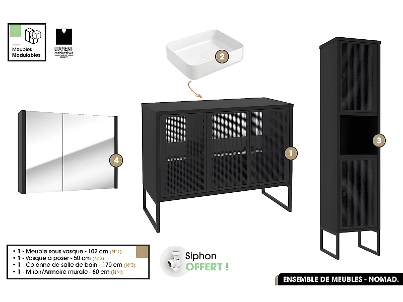 Ensemble complet de salle de bain - Meuble - Colonne - Miroir - Vasque avec Siphon OFFERT | NOMAD | NOIR | 102 x 80 x 43 cm