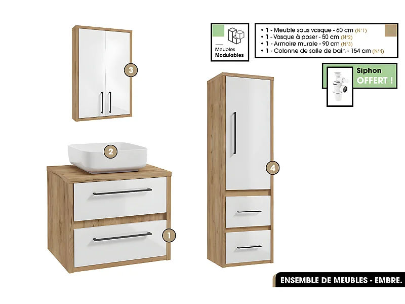 Ensemble complet - de salle de bain - Meuble - Armoire - Colonne - Vasque avec Siphon OFFERT | EMBRE | Blanc | 60 x 50 x 45 cm