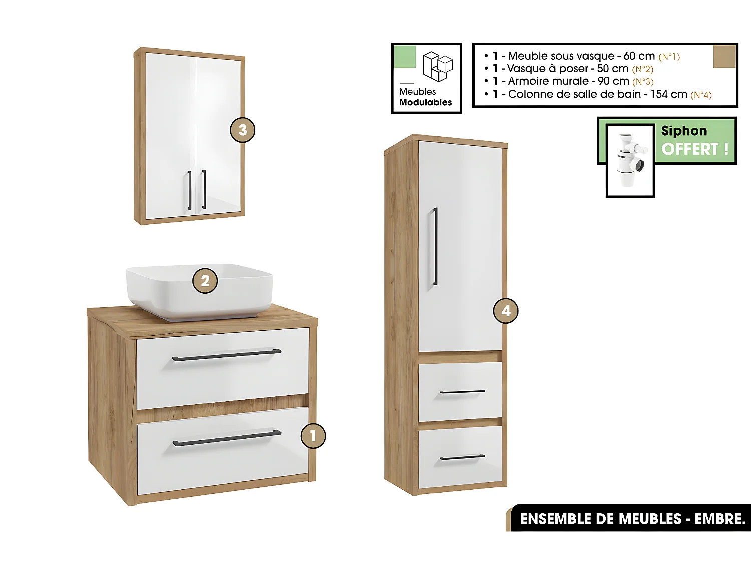 Ensemble complet - de salle de bain - Meuble - Armoire - Colonne - Vasque avec Siphon OFFERT | EMBRE | Blanc | 60 x 50 x 45 cm