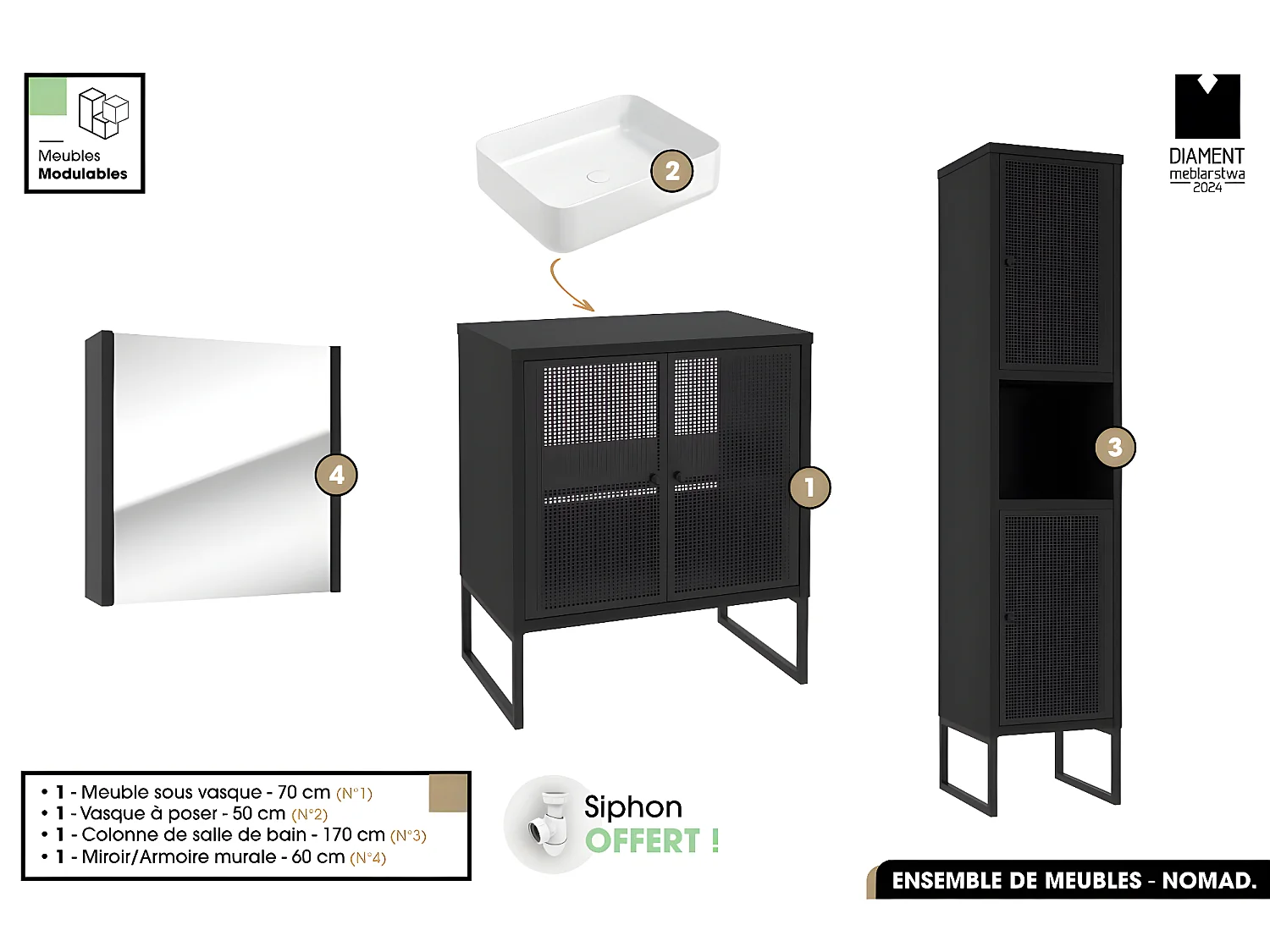 Ensemble complet de salle de bain - Meuble - Colonne - Miroir - Vasque avec Siphon OFFERT | NOMAD | NOIR | 70 x 80 x 43 cm
