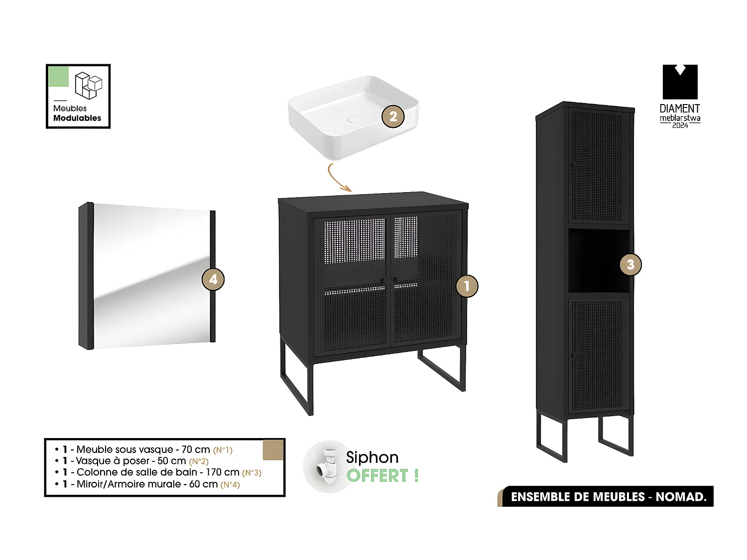 Ensemble complet de salle de bain - Meuble - Colonne - Miroir - Vasque avec Siphon OFFERT | NOMAD | NOIR | 70 x 80 x 43 cm