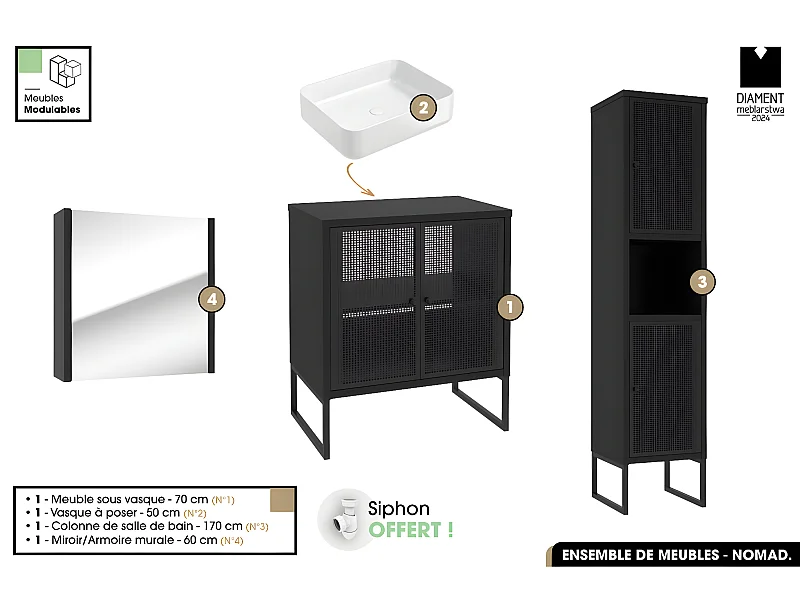 Ensemble complet de salle de bain - Meuble - Colonne - Miroir - Vasque avec Siphon OFFERT | NOMAD | NOIR | 70 x 80 x 43 cm