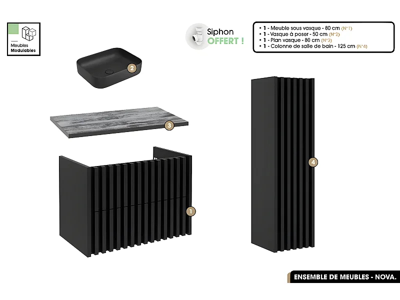 Ensemble complet de salle de bain - Meuble - Colonne - Vasque à poser avec Siphon OFFERT | NOVA | Noir | 80 x 56 x 45 cm