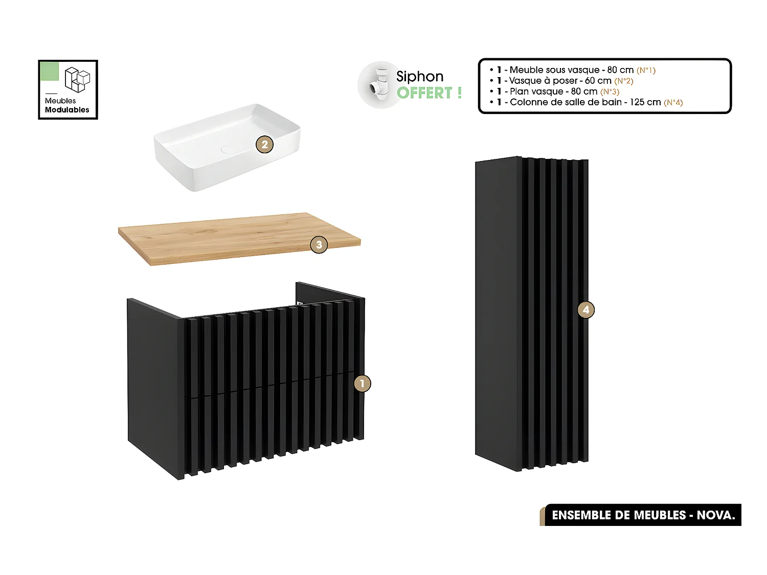 Ensemble complet de salle de bain - Meuble - Colonne - Vasque à poser avec Siphon OFFERT | NOVA | Oak | 80 x 56 x 45 cm