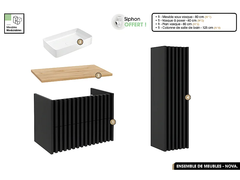 Ensemble complet de salle de bain - Meuble - Colonne - Vasque à poser avec Siphon OFFERT | NOVA | Oak | 80 x 56 x 45 cm