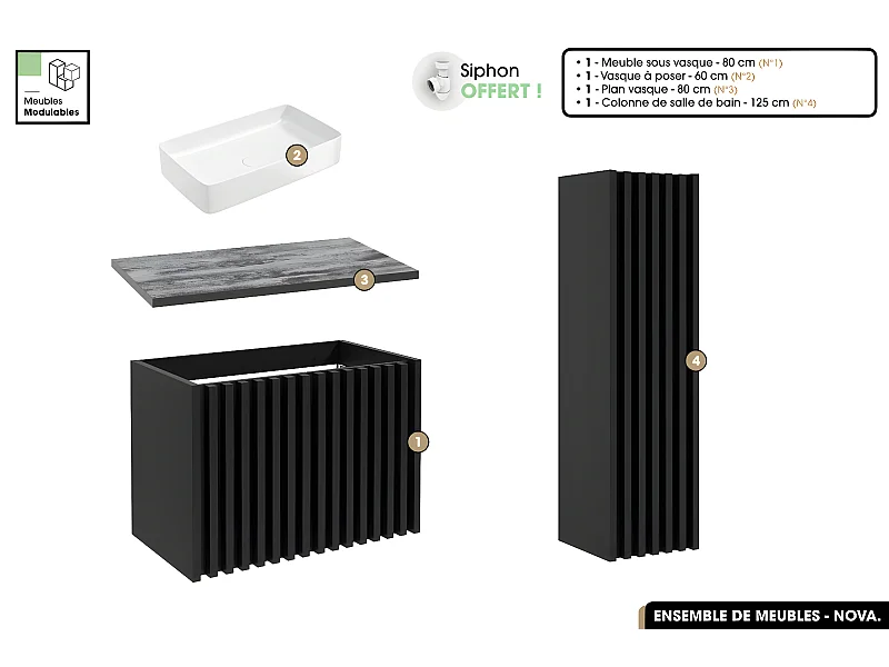 Ensemble complet de salle de bain - Meuble - Colonne - Vasque à poser avec Siphon OFFERT | NOVA | Noir | 80 x 56 x 45 cm