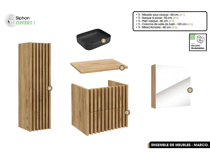 Ensemble complet de salle de bain - Meuble - Colonne - Miroir - Vasque à poser avec Siphon OFFERT | MARCO | Oak | 60 x 56 x 45 cm