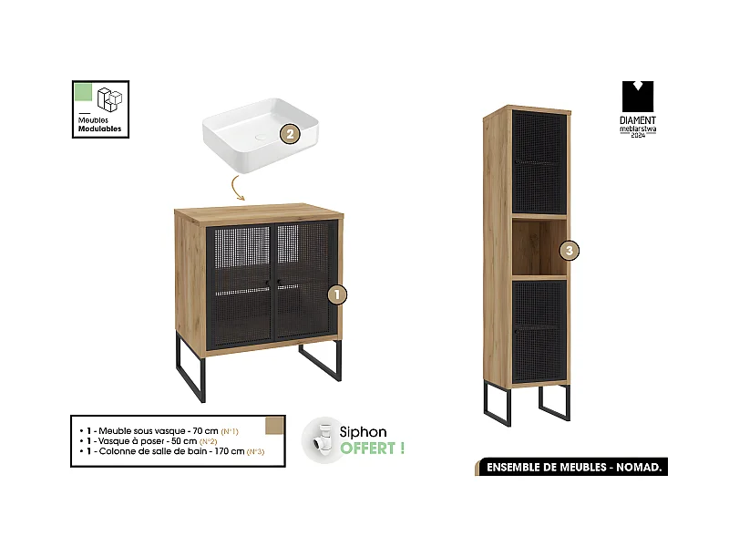 Ensemble complet de salle de bain - Meuble - Colonne - Vasque avec Siphon OFFERT | NOMAD | OAK | 70 x 80 x 43 cm