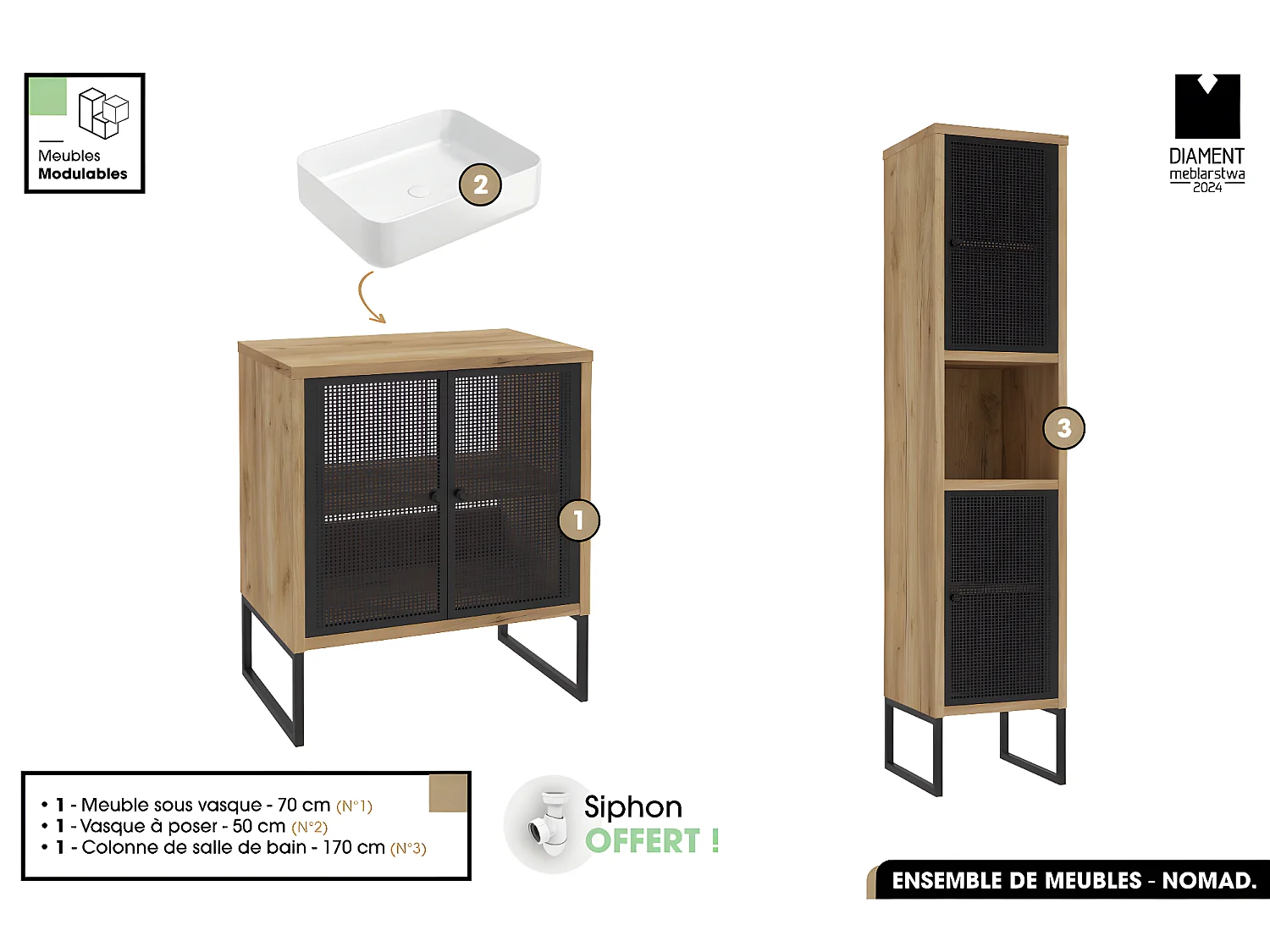 Ensemble complet de salle de bain - Meuble - Colonne - Vasque avec Siphon OFFERT | NOMAD | OAK | 70 x 80 x 43 cm