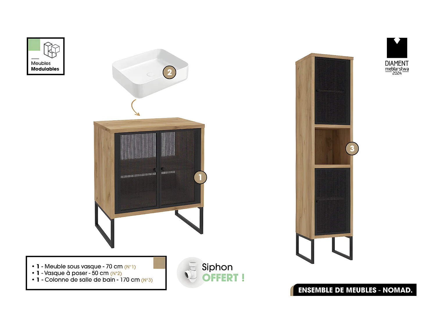 Ensemble complet de salle de bain - Meuble - Colonne - Vasque avec Siphon OFFERT | NOMAD | OAK | 70 x 80 x 43 cm