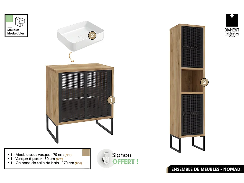 Ensemble complet de salle de bain - Meuble - Colonne - Vasque avec Siphon OFFERT | NOMAD | OAK | 70 x 80 x 43 cm