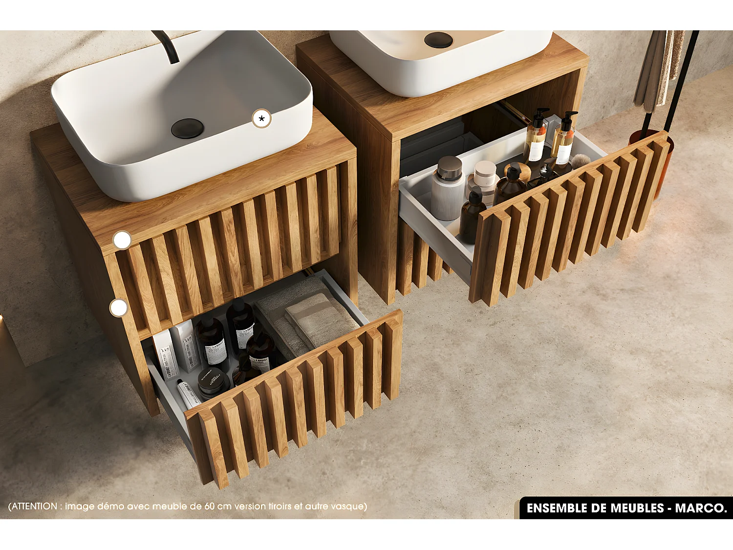 Ensemble complet de salle de bain - Meuble - Colonne - Miroir - Vasque à poser avec Siphon OFFERT | MARCO | Oak | 100 x 56 x 45 cm