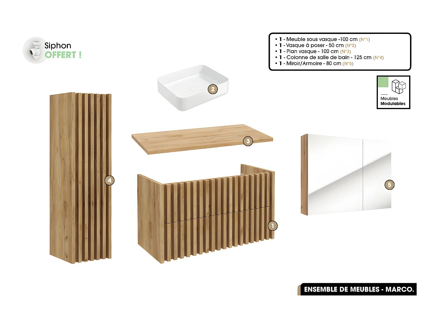 Ensemble complet de salle de bain - Meuble - Colonne - Miroir - Vasque à poser avec Siphon OFFERT | MARCO | Oak | 100 x 56 x 45 cm